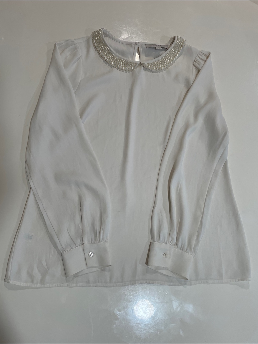 LOFT White Pearl-Collar Long Sleeve Blouse